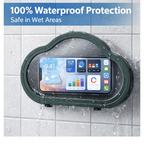 The shower phone stand with a smartphone inside, showcasing its secure, anti-fog screen.