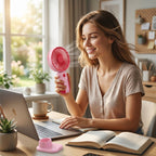 Mini rechargeable fan on desk with laptop, portable cooling