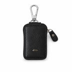 Elegant black PU leather car key case on white background.