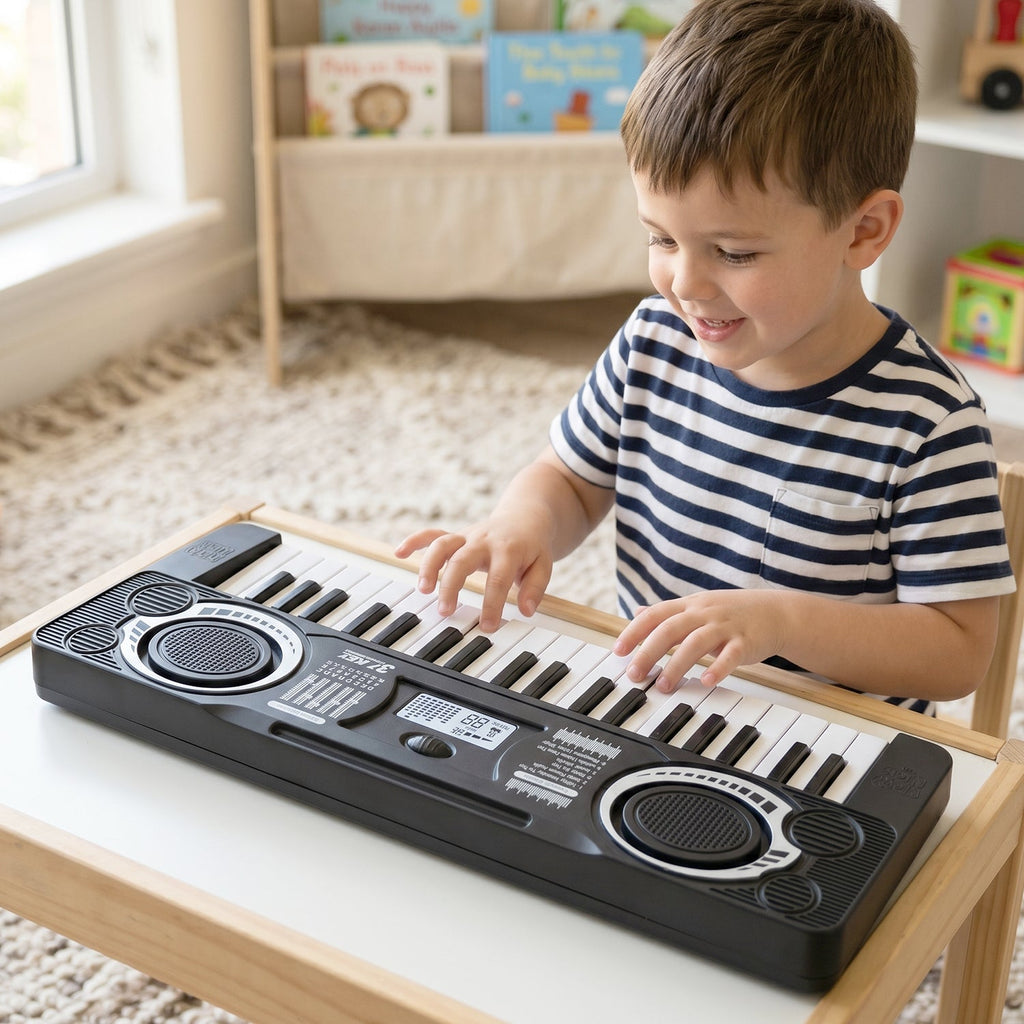 Children playing on a musical keyboard toy, developing coordination