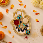 Kumkum holder for puja with detailed enamel work and twin compartments