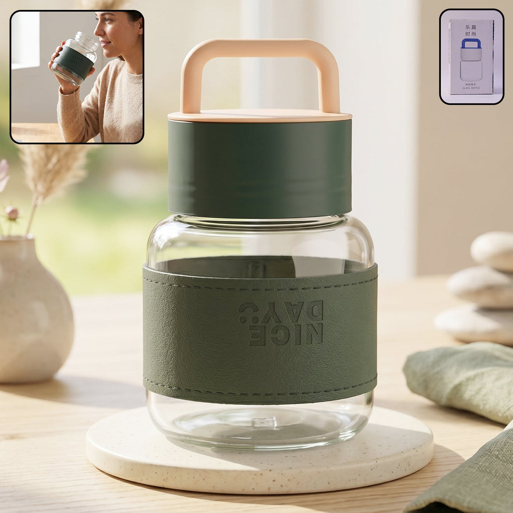 Glass bottle designed for office and travel hydration, with wide mouth