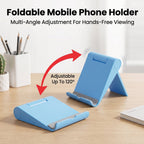 Adjustable plastic phone stand on a desk.