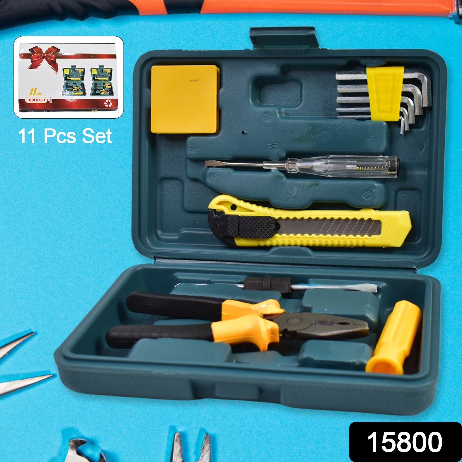Compact hardware tool set box open, showing screwdrivers and pliers.