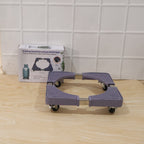Washing machine on adjustable stand in laundry room
