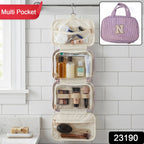 Open travel organizer bag with toiletries and multiple pockets