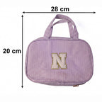 Size guide for travel toiletry organizer showing dimensions