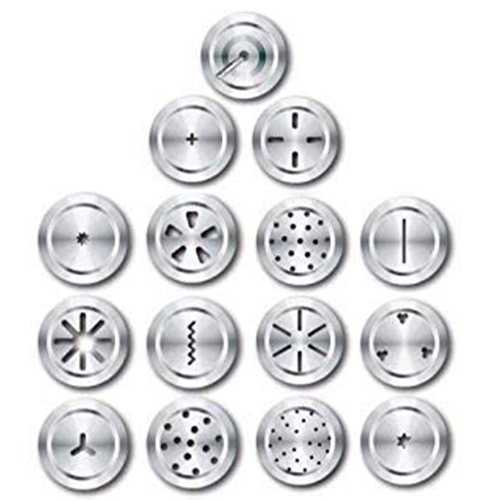 Close-up of the durable stainless steel kitchen press with various traditional snack jalis.