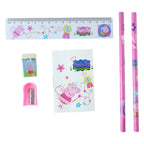 Six piece school stationery set on white background