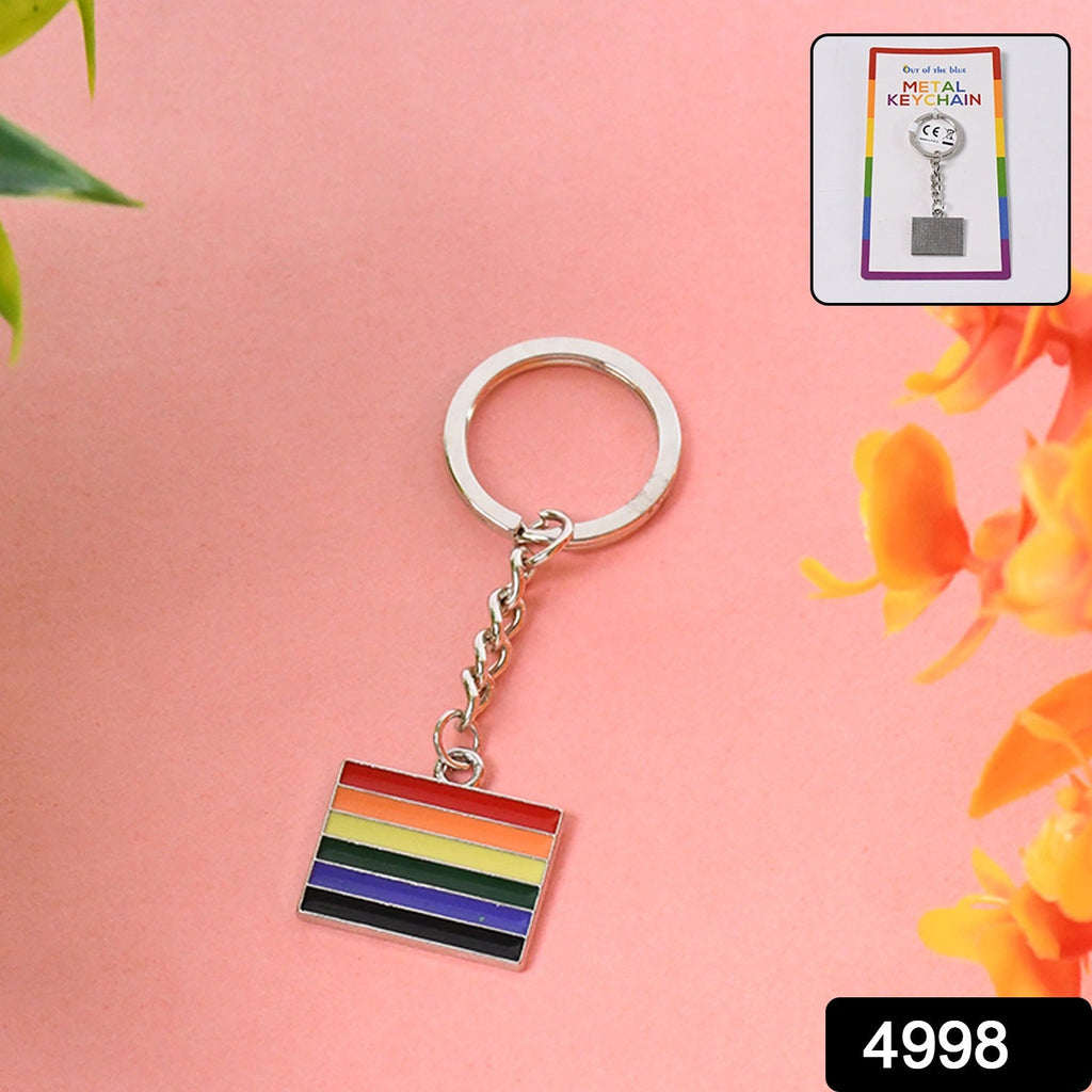 Close-up view of rainbow metal keychain highlighting its sturdy ring