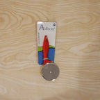 Close-up of sharp stainless steel pizza cutter blade