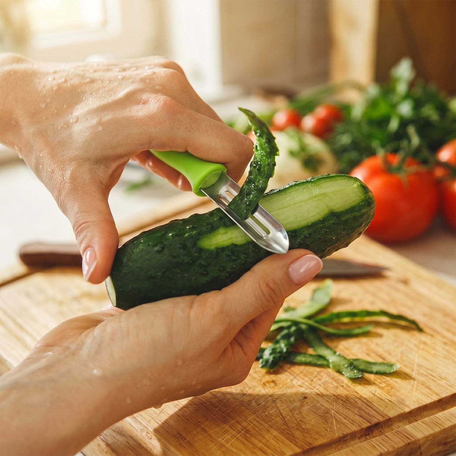 Hand using swivel peeler to peel fruits or vegetables easily