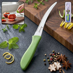 Steel kitchen knife with curved plastic handle for precise slicing