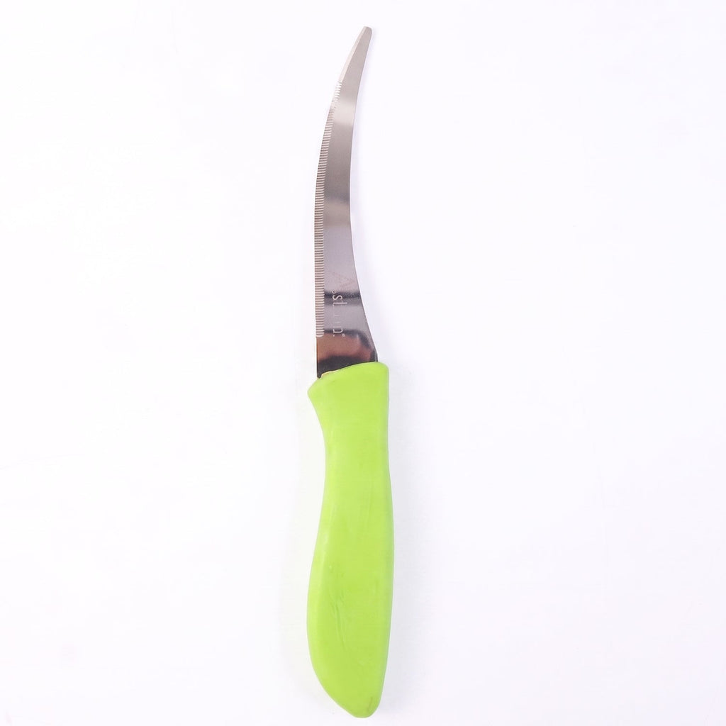 Kitchen knife on white background with clear view of blade and handle
