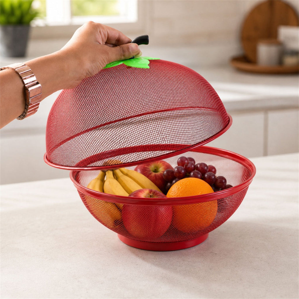 Sturdy metal wire mesh on apple-shaped fruit basket showing detailed design