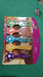 Back view of the vibrant 5-piece cheese knife set packaging.