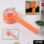 Close-up of stainless steel blade and ergonomic handle of peeler