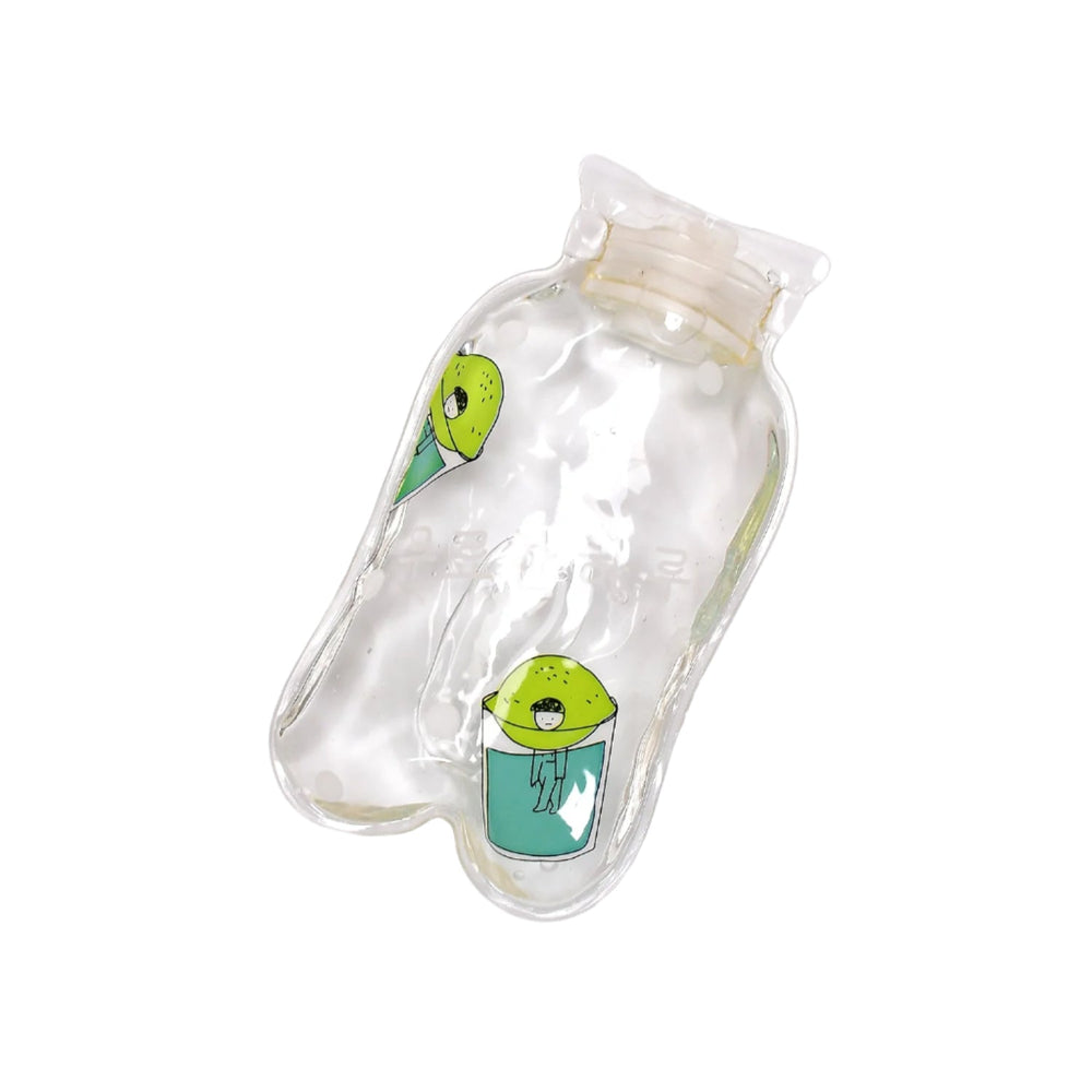 Closeup of the transparent, multi-design hot water bag with its soft cover.
