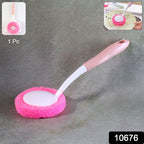Kitchen dish scrubber brush with ergonomic long handle and soft round sponge head