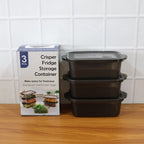 Complete three-piece set of BPA-free rectangular food storage containers.