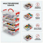 Open 4-layer transparent storage box showing multiple compartments for small items
