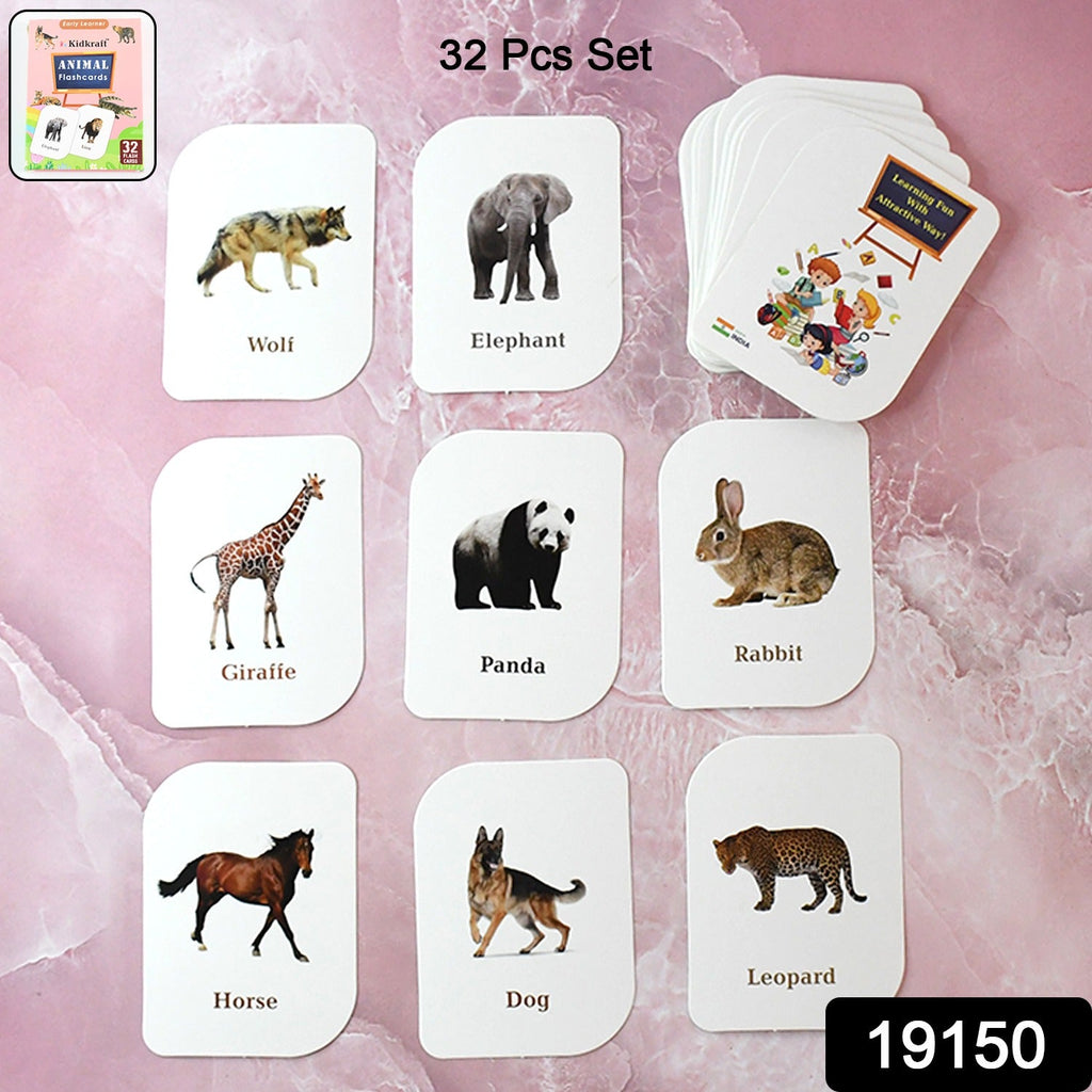 Spread of vibrant animal flash cards featuring realistic pictures for learning