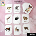 Spread of vibrant animal flash cards featuring realistic pictures for learning