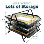 Black metal paper sorting rack with three levels