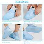 Four images demonstrating how to put on the blue silicone shoe covers, showing a person's feet and hands.