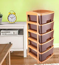 Brown 5-tier plastic modular drawer system from Organivo for versatile storage.