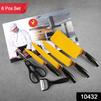 Six-piece kitchen knife set including cleaver, chef knife, peeler and scissors