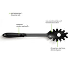 Studio shot of a black heat-resistant pasta server, highlighting its durable nylon construction.