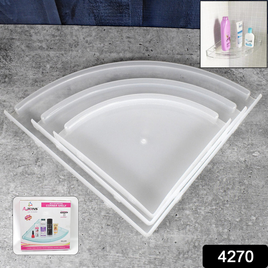 Wall-mounted plastic corner shelf holding shampoo and bath products.