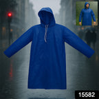 Lightweight men's blue raincoat with adjustable hood for wind and rain.
