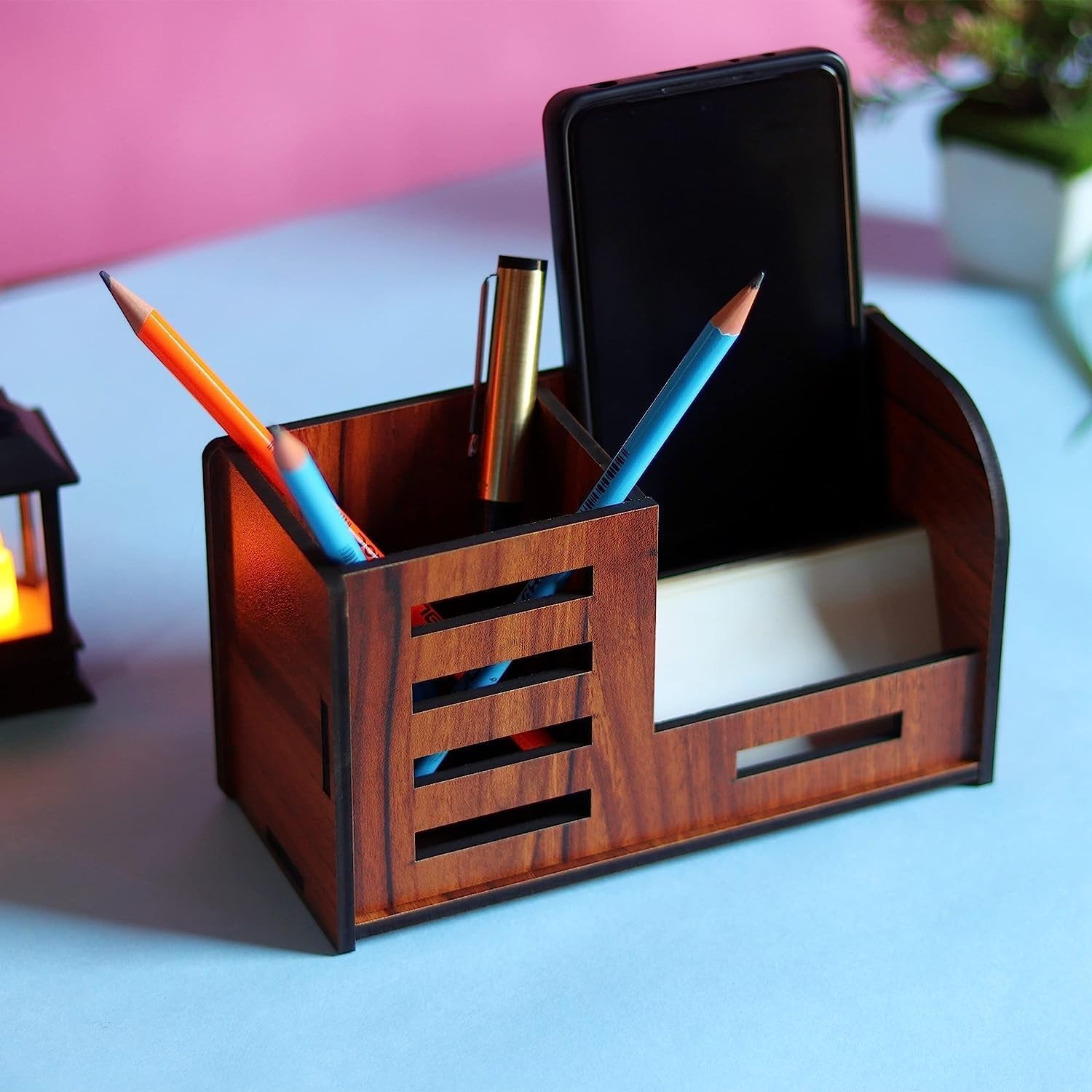 Storage compartment of wooden desk organizer for office essentials