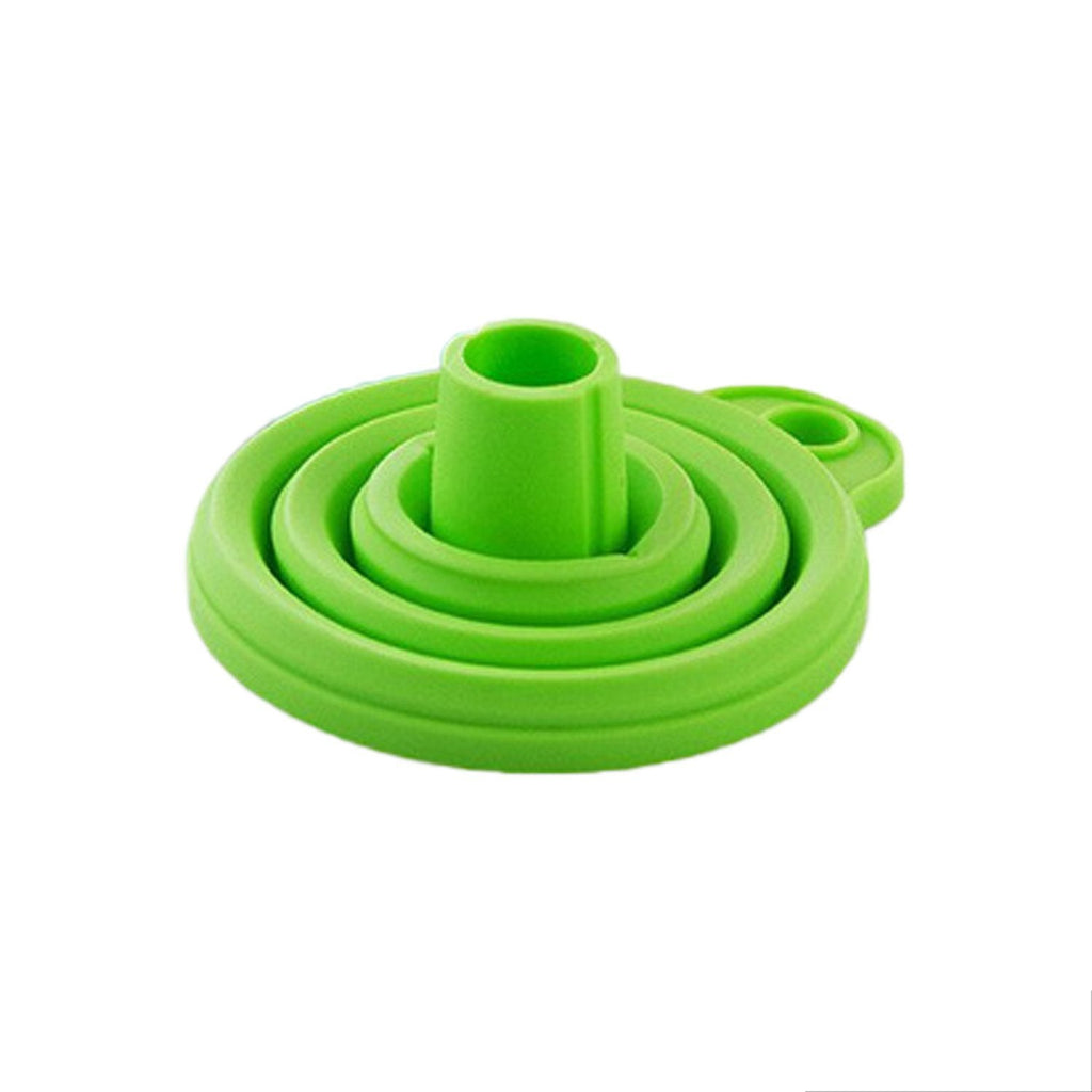 Compactly folded red silicone funnel, demonstrating its space-saving design.