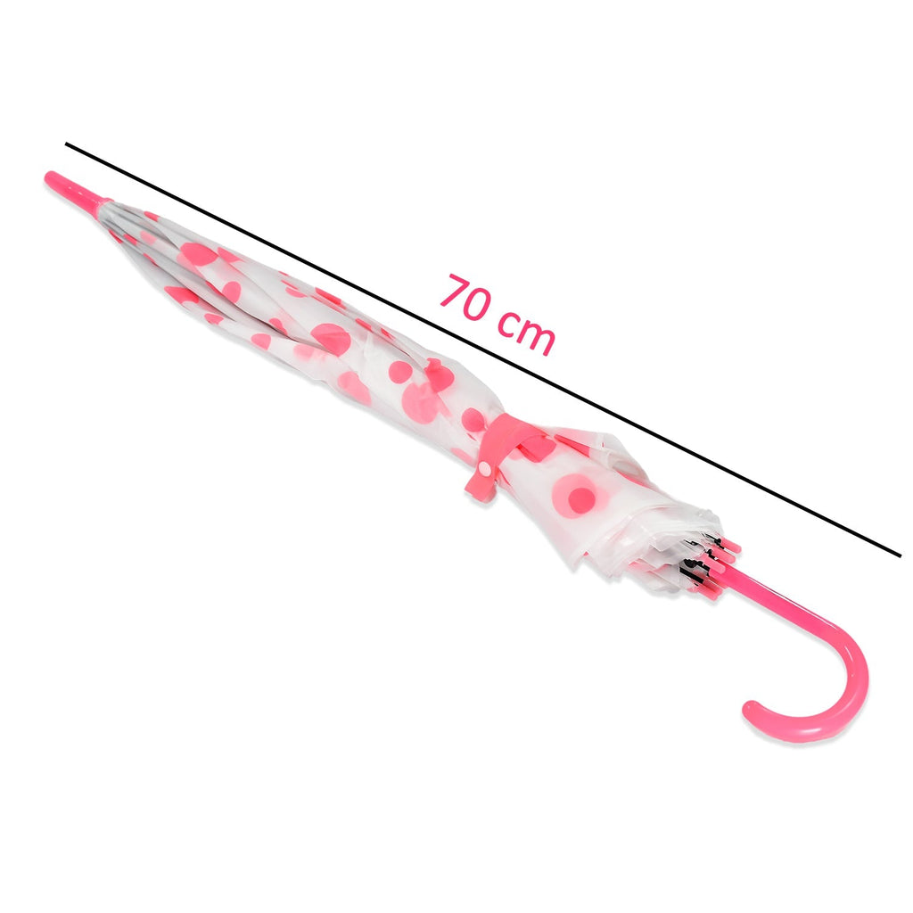 A closed white umbrella with pink polka dots and a pink handle is shown with a 70 cm length measurement.