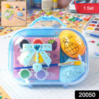 Educational art kit showing children painting with illustrated colour cards