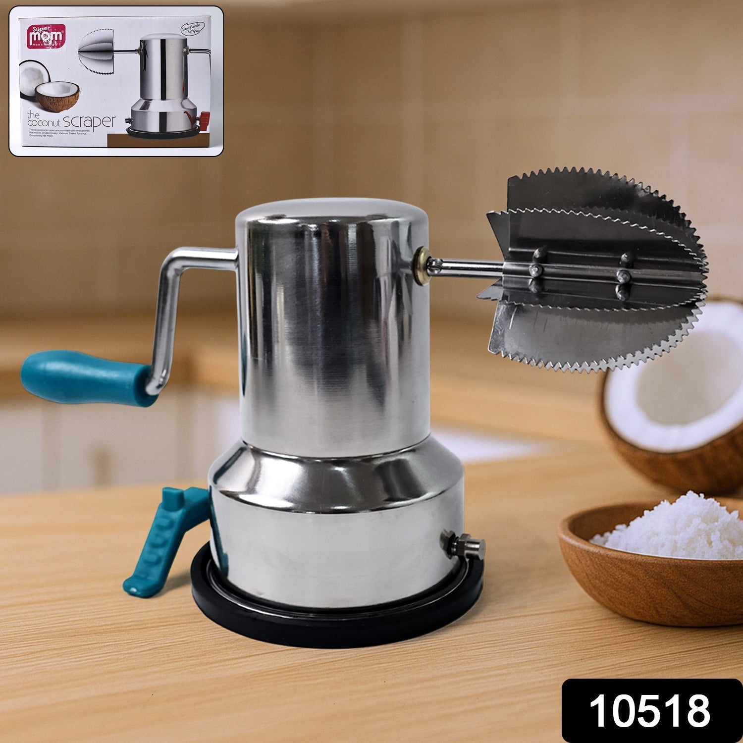 Coconut scraper securely mounted on kitchen surface with vacuum suction base