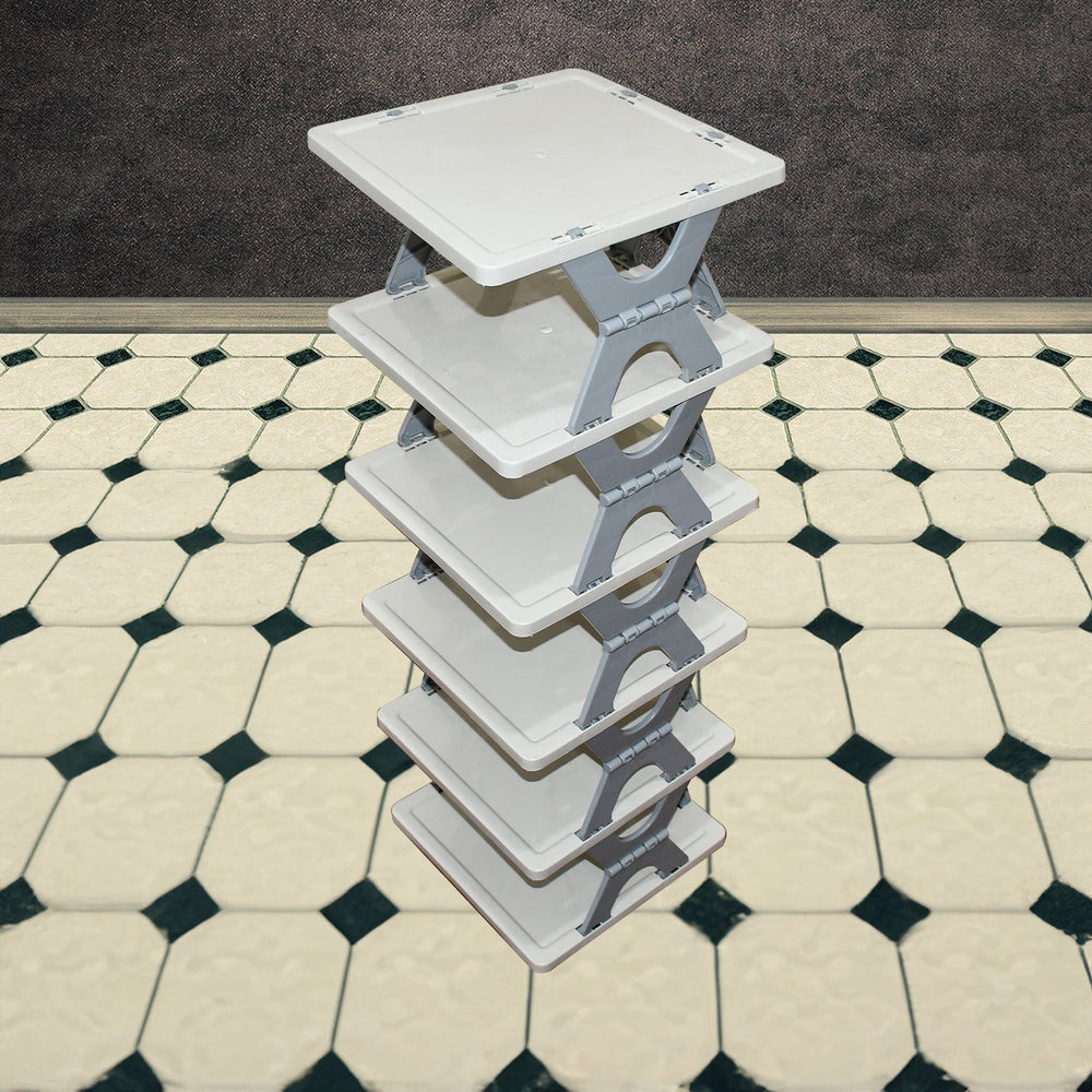 Side view showcasing the sturdy ABS construction of the 6-layer shoe rack.