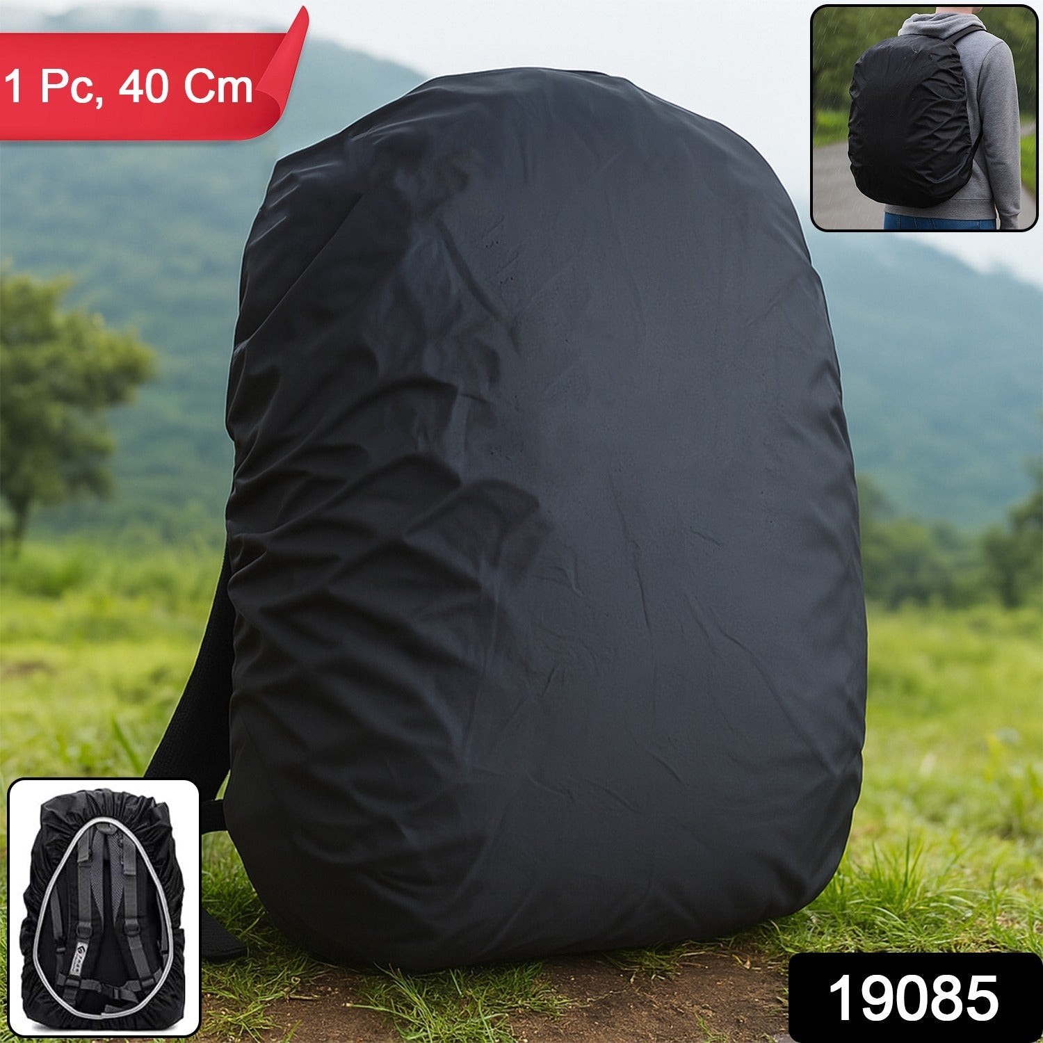 Elastic backpack rain cover snugly fitted on small size bag