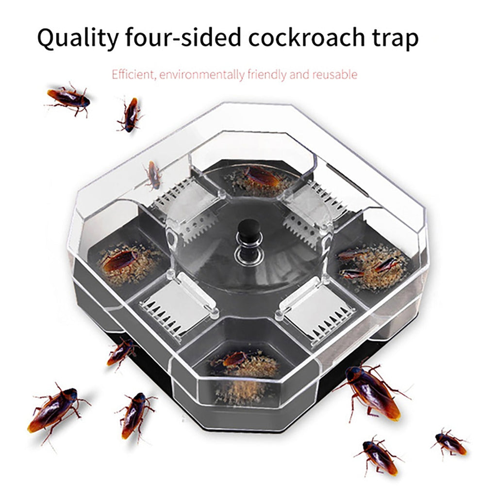 A clear hexagonal trap with a dark base and internal bait is surrounded by several brown cockroaches on a white background.