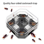 A clear hexagonal trap with a dark base and internal bait is surrounded by several brown cockroaches on a white background.