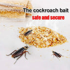 Three brown cockroaches are near a pile of light brown bait powder, with two packets of bait visible in the background.