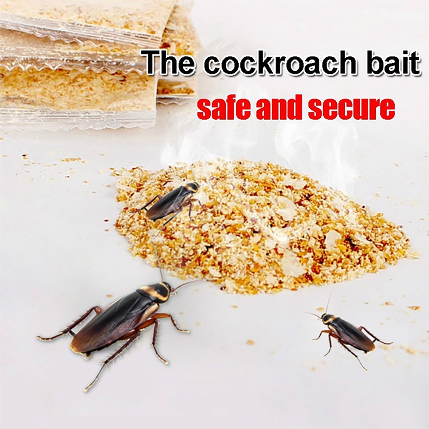 Three brown cockroaches are near a pile of light brown bait powder, with two packets of bait visible in the background.