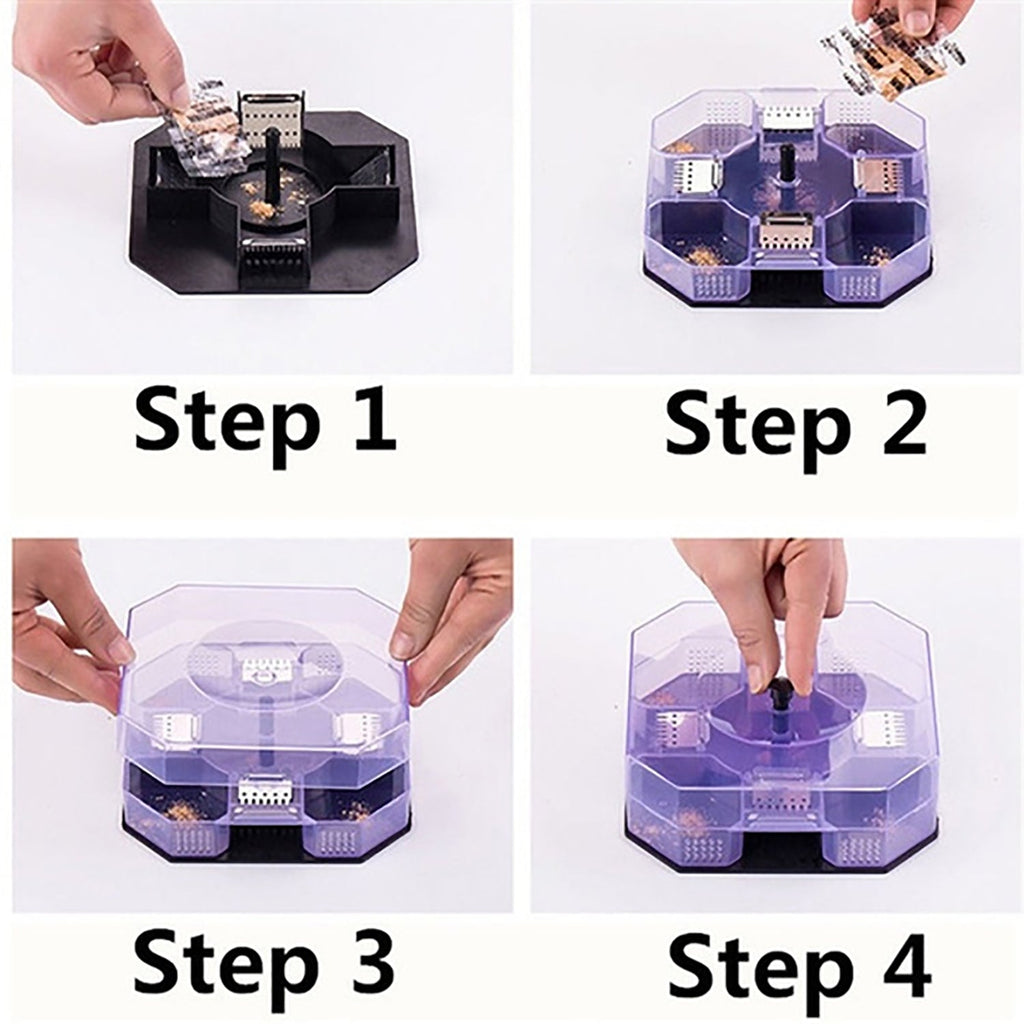 A four-step instruction grid shows how to assemble and bait a hexagonal cockroach trap, with hands performing each action.