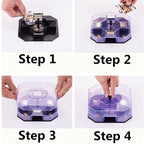 A four-step instruction grid shows how to assemble and bait a hexagonal cockroach trap, with hands performing each action.