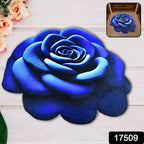 Close-up view of rose shaped anti-slip velvet floor mat showcasing blue floral design