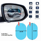 Close-up of the transparent anti fog film on a car mirror, blending seamlessly with the surface.