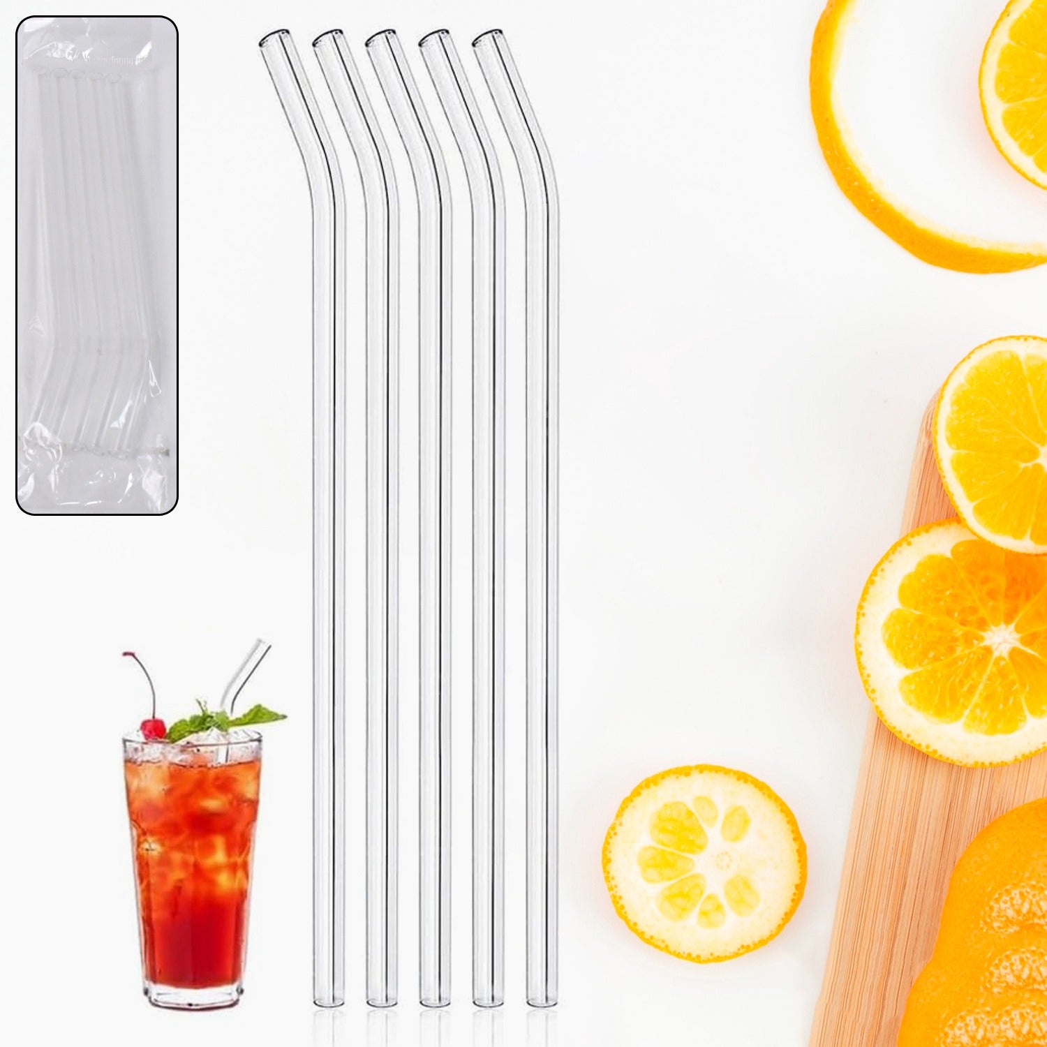 Close-up of eco-friendly clear glass straws suitable for smoothies and juices